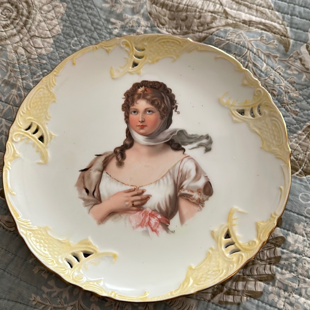 Lovely antique hand painted 9” plate portrait of a French lady Napoleonic attire